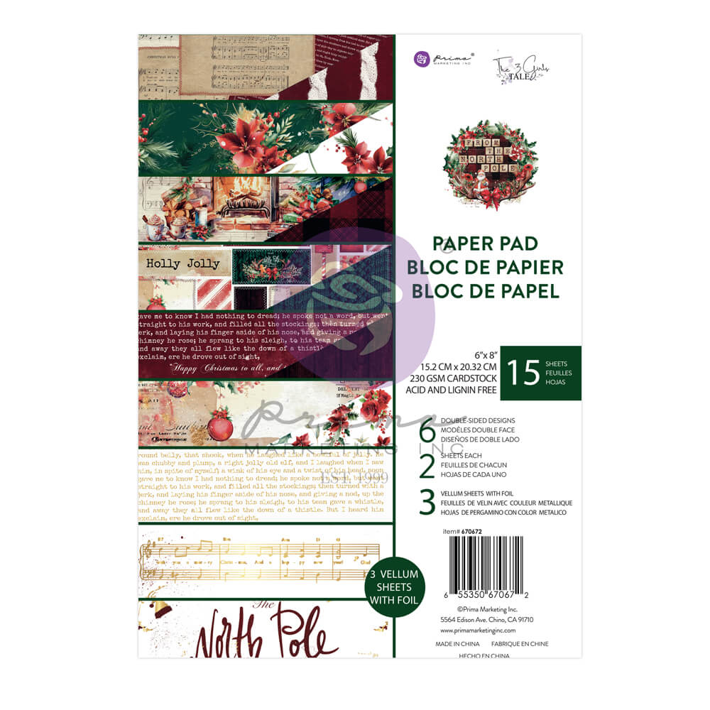 Prima Marketing - From the North Pole Collection 6×8 Paper Pad – 15 sheets – 6 double-sided designs x 2 sheets each + 3 vellum sheets w/ foil