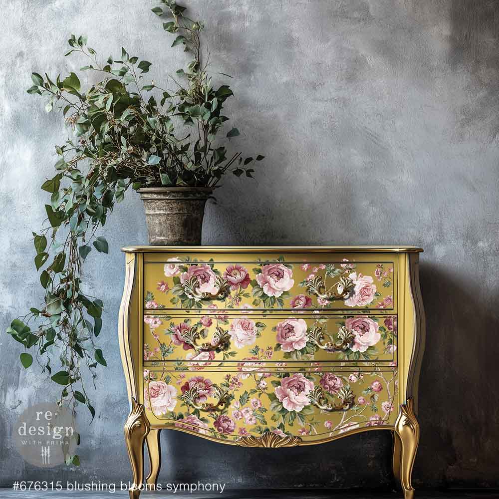 Redesign Decor Transfers® Kacha – Blushing Blooms Symphony – total sheet size 60.96cm x 88.9cm, cut into 4 sheets