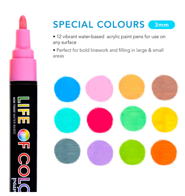 Life of Colour - Special Colours 3mm Medium Tip Acrylic Paint Pens - Set of 12