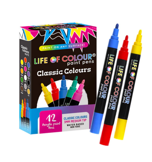 Life of Colour - Classic Colours 3mm Medium Tip Acrylic Paint Pens - Set of 12