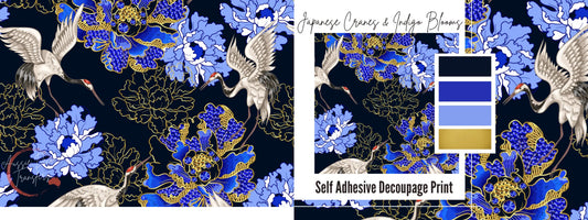 Japanese Cranes & Indigo Blooms - Self adhesive Decoupage Print