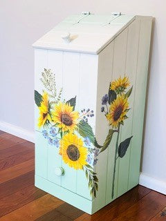 Sunflower potato pine box upcycled with transfer sunflowers Dixie Belle Mineral Chalk paint repurpose recycled refurbished furniture
