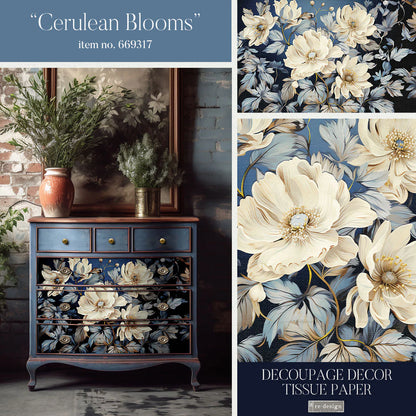 Redesign Decoupage Tissue Paper - Cerulean Blooms I - 1 sheet, 19.5"x30" (48.2 x 76.2cm)