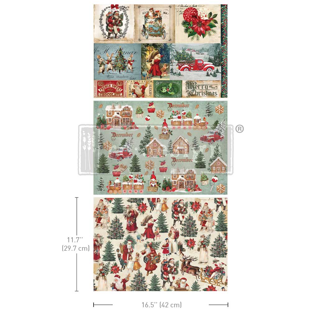 Redesign A3 Decoupage Fiber Pack - Santaland Sparkle - 3 sheets, 29.7cm x 42cm each