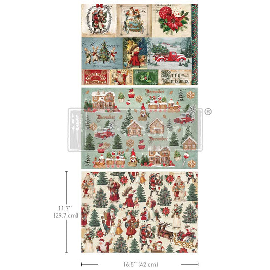 Redesign A3 Decoupage Fiber Pack - Santaland Sparkle - 3 sheets, 29.7cm x 42cm each