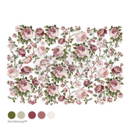 Redesign Decor Transfers® Kacha – Blushing Blooms Symphony – total sheet size 60.96cm x 88.9cm, cut into 4 sheets