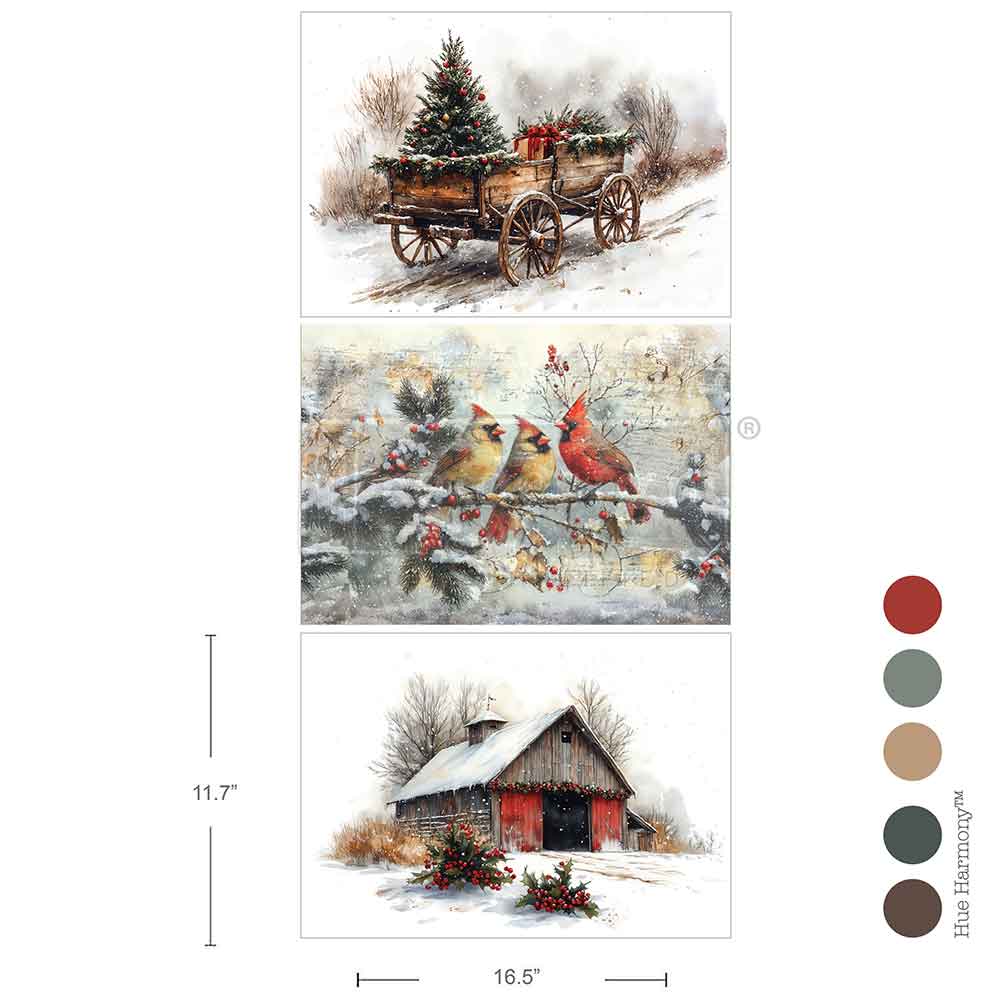 Redesign - A3 Decoupage Fiber Pack - Christmas In The Countryside - 3 sheets, 29.7cm x 42cm each