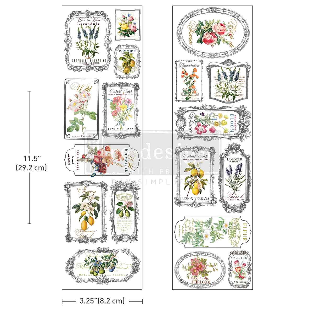 Redesign Luxe Transfers - Fleur De Frame – 2 sheets, 3.25″x11.5″ (8.255cm x 29.21cm)