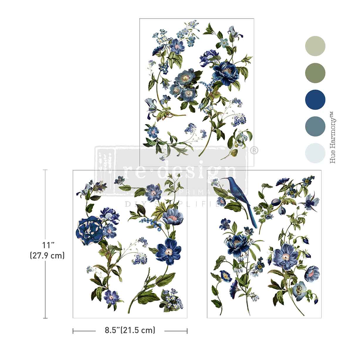 Redesign Middy Transfers - Blue Nest Blooms – 3 sheets, 8.5″x11″ (21.59cm x 27.94cm)