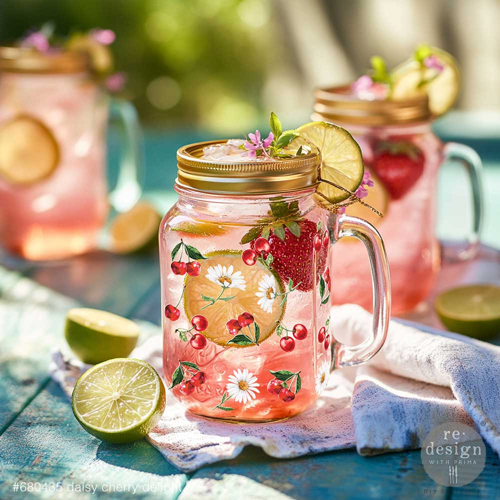 Redesign Luxe Transfers - Daisy Cherry Delight – 2 sheets, 3.25″x11.5″ (8.255cm x 29.21cm)