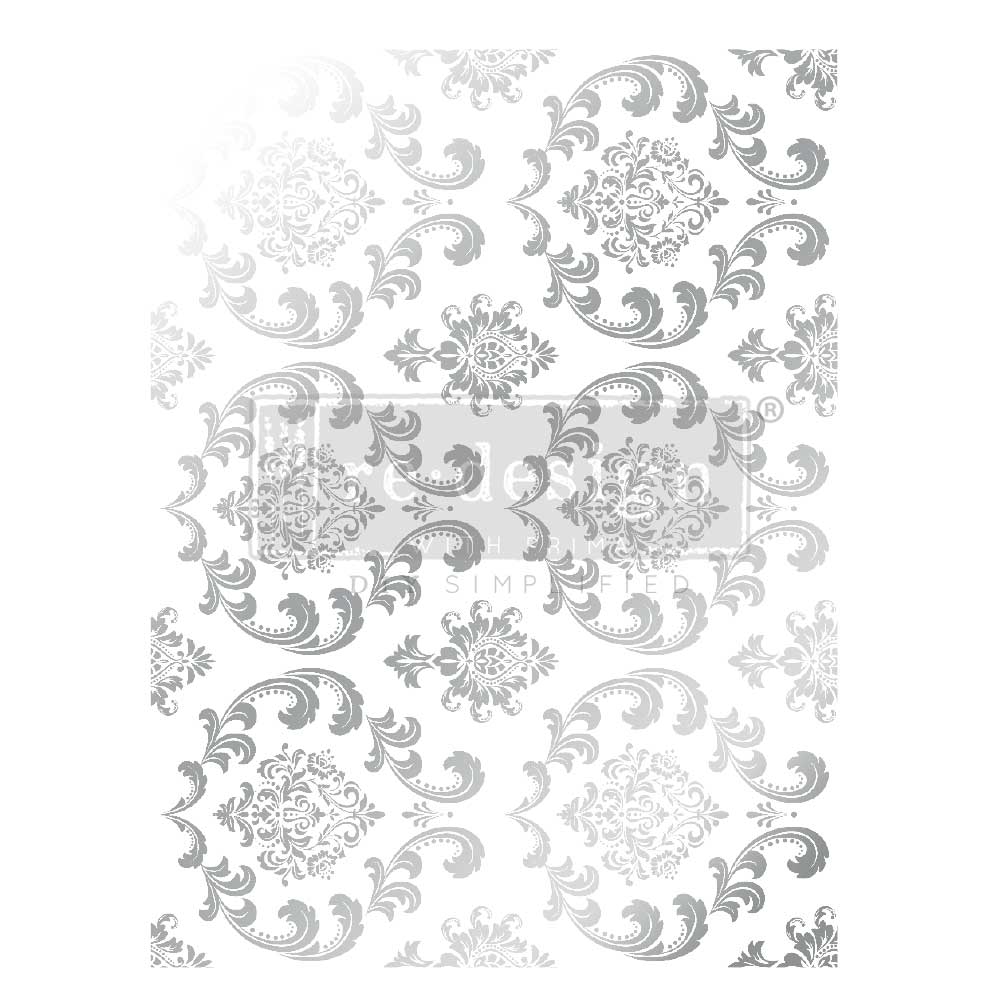 Kacha Decor Transfers® Silver Foil - Silver House of Damask - total sheet size 18"x24", cut into 2 sheets