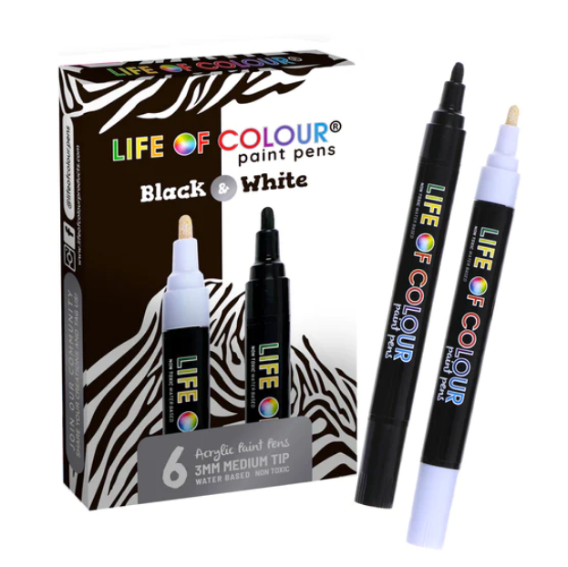Life of Colour- Black and White 3mm Medium Tip Acrylic Paint Pens - Set of 6