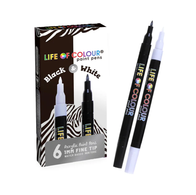 Life of Colour - Black and White 1mm Fine Tip Acrylic Paint Pens – Set of 6