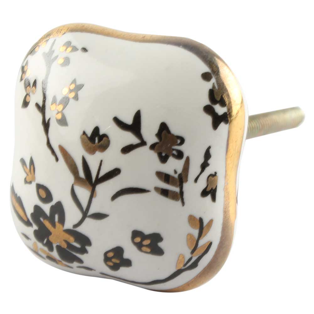 Golden Leaf Flower Square Ceramic Cabinet Knob