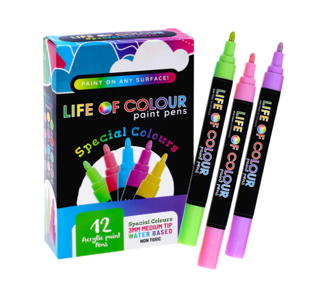 Life of Colour - Special Colours 3mm Medium Tip Acrylic Paint Pens - Set of 12