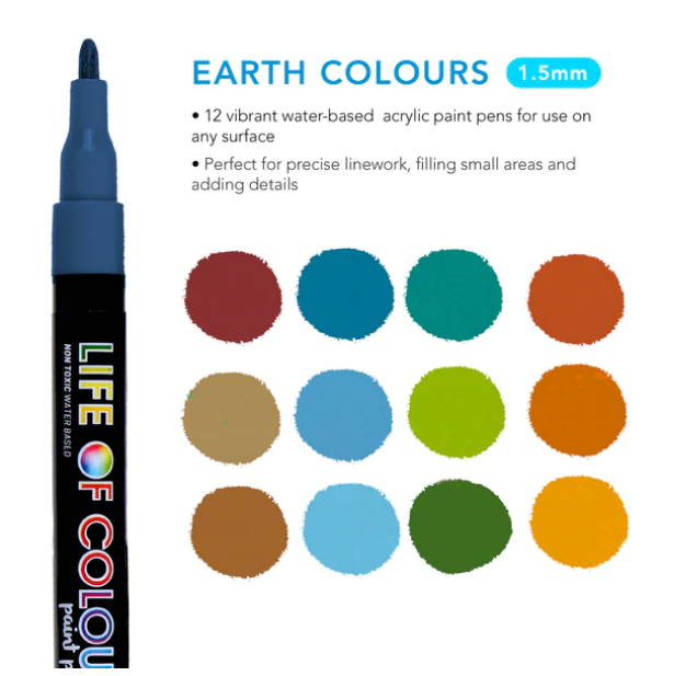 Life of Colour - Earth Colours 1mm Fine Tip Acrylic Paint Pens - Set of 12