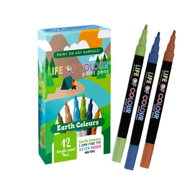 Life of Colour - Earth Colours 1mm Fine Tip Acrylic Paint Pens - Set of 12