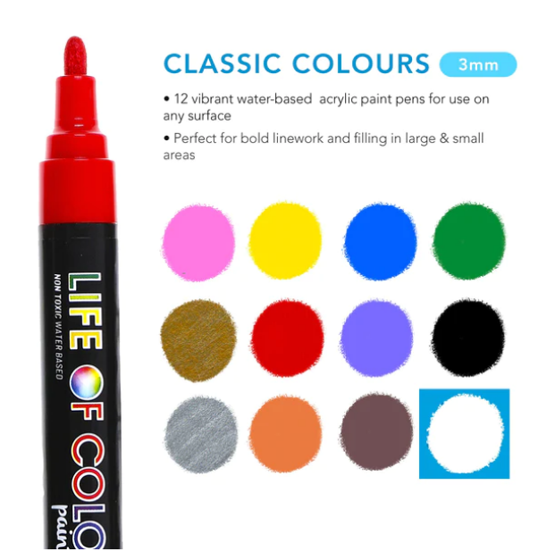 Life of Colour - Classic Colours 3mm Medium Tip Acrylic Paint Pens - Set of 12