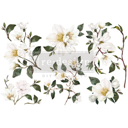 Re-design Small Transfer - White Magnolia - 3 sheets, 6" x 12" (15.24cm x 30.48cm)
