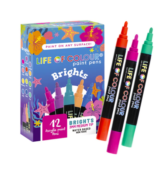 Life of Colour - Bright Colours 3mm Medium Tip Acrylic Paint Pens - Set of 12