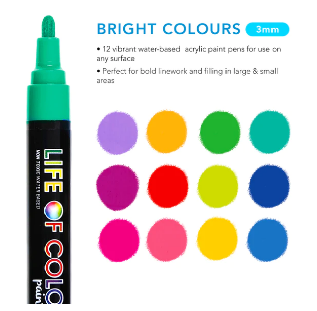 Life of Colour - Bright Colours 3mm Medium Tip Acrylic Paint Pens - Set of 12