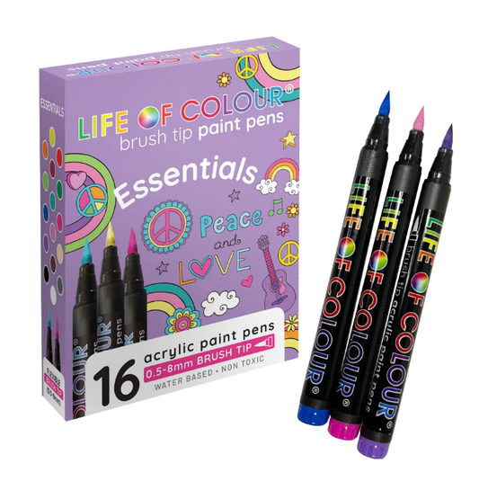 Life of Colour - Essential Colours Brush Tip Acrylic Paint Pens - Set of 16