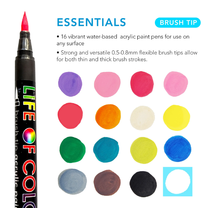 Life of Colour - Essential Colours Brush Tip Acrylic Paint Pens - Set of 16