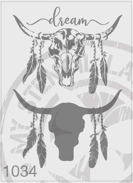 Cow Skull Dream Feathers - 2 Layers- MSL 1034 Stencil Large (Sheet Size 210x295mm)