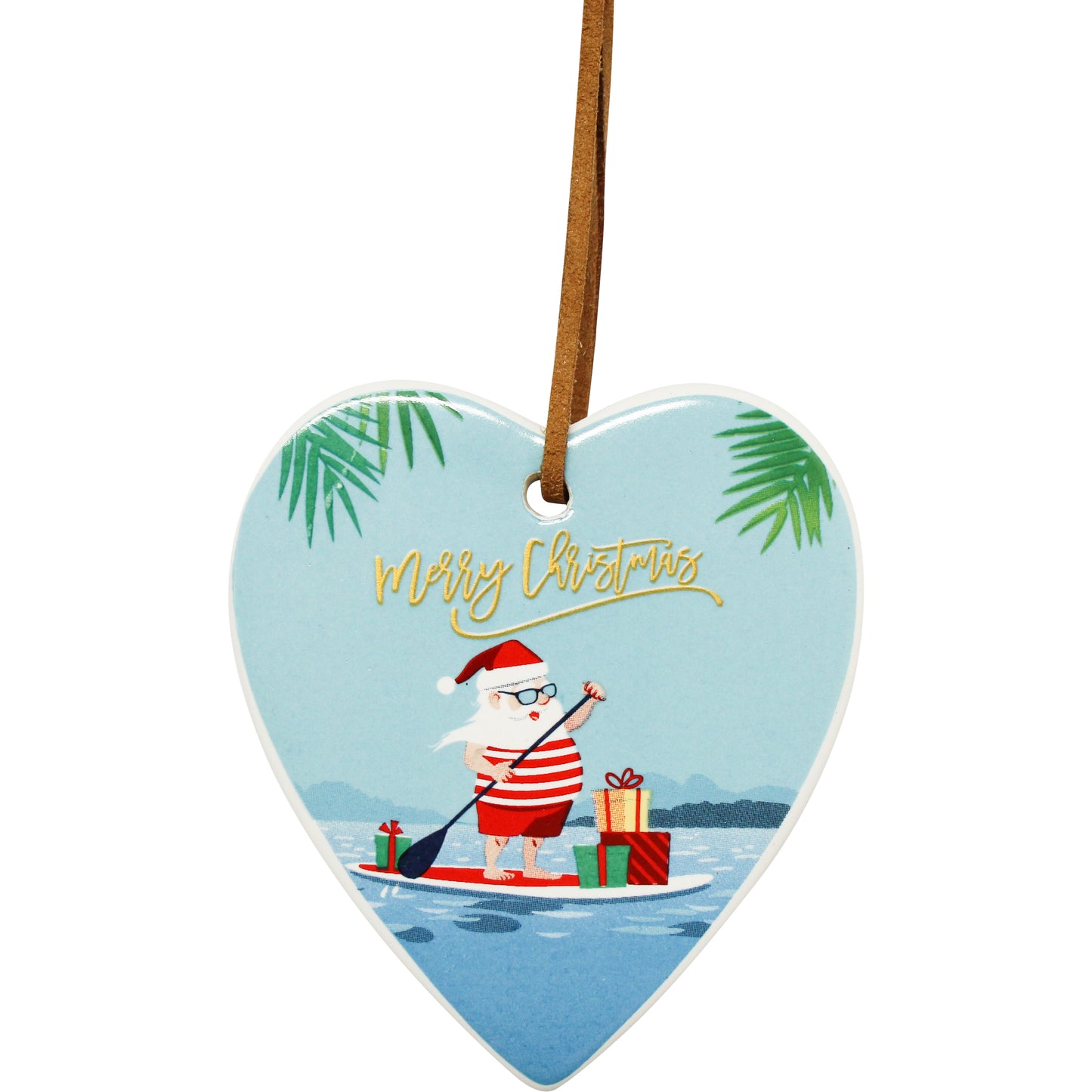 Hanging Ceramic Heart Surfing Santa