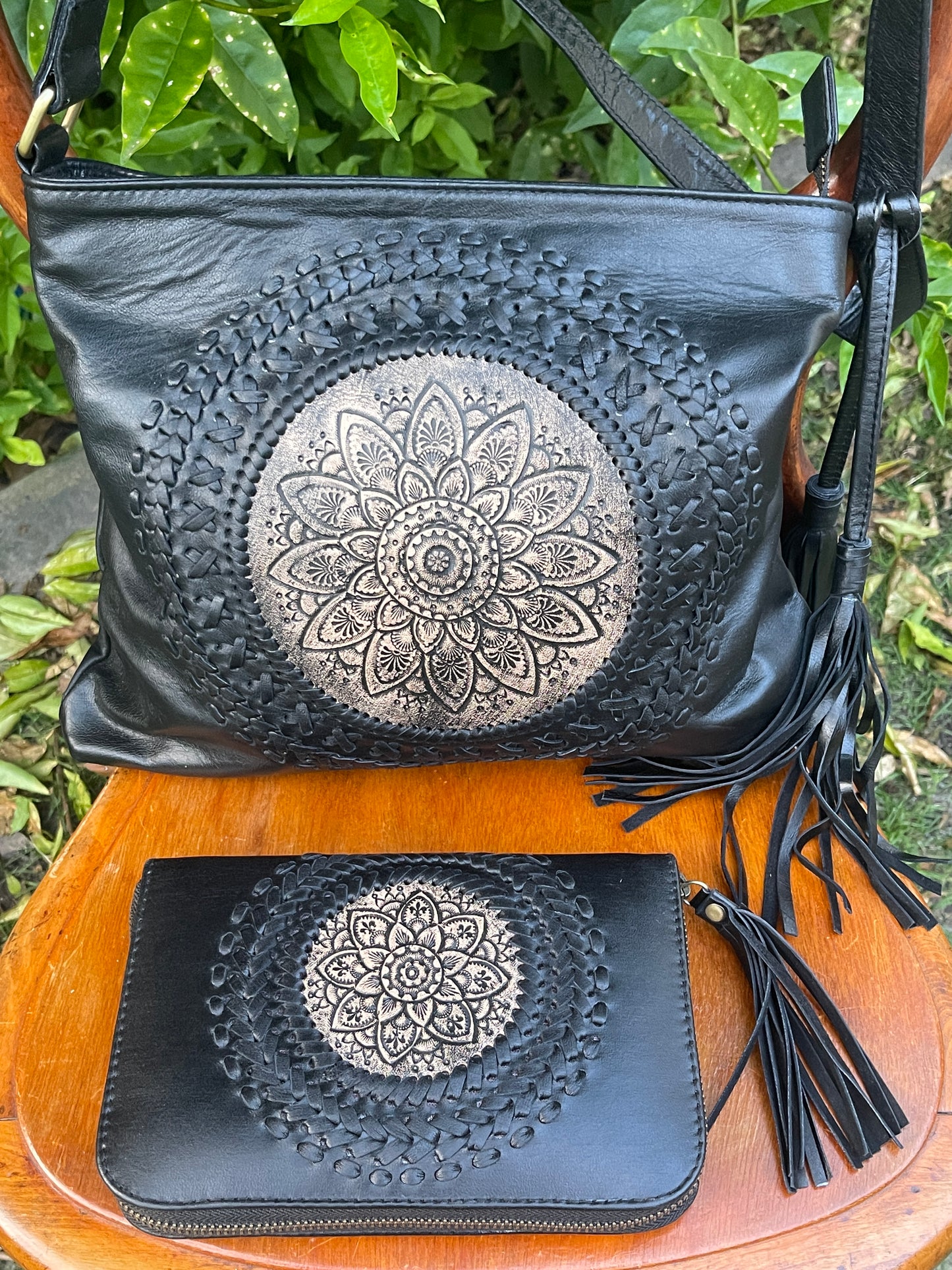 Black Lotus Mandala Leather Clutch Purse / Wallet