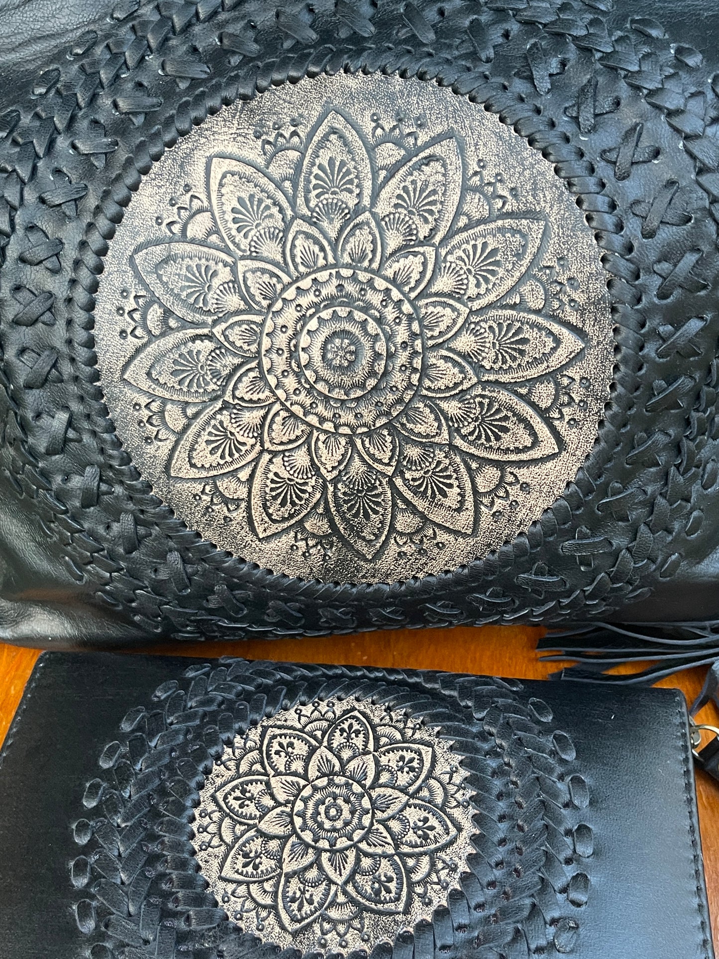 Black Lotus Mandala Leather Clutch Purse / Wallet