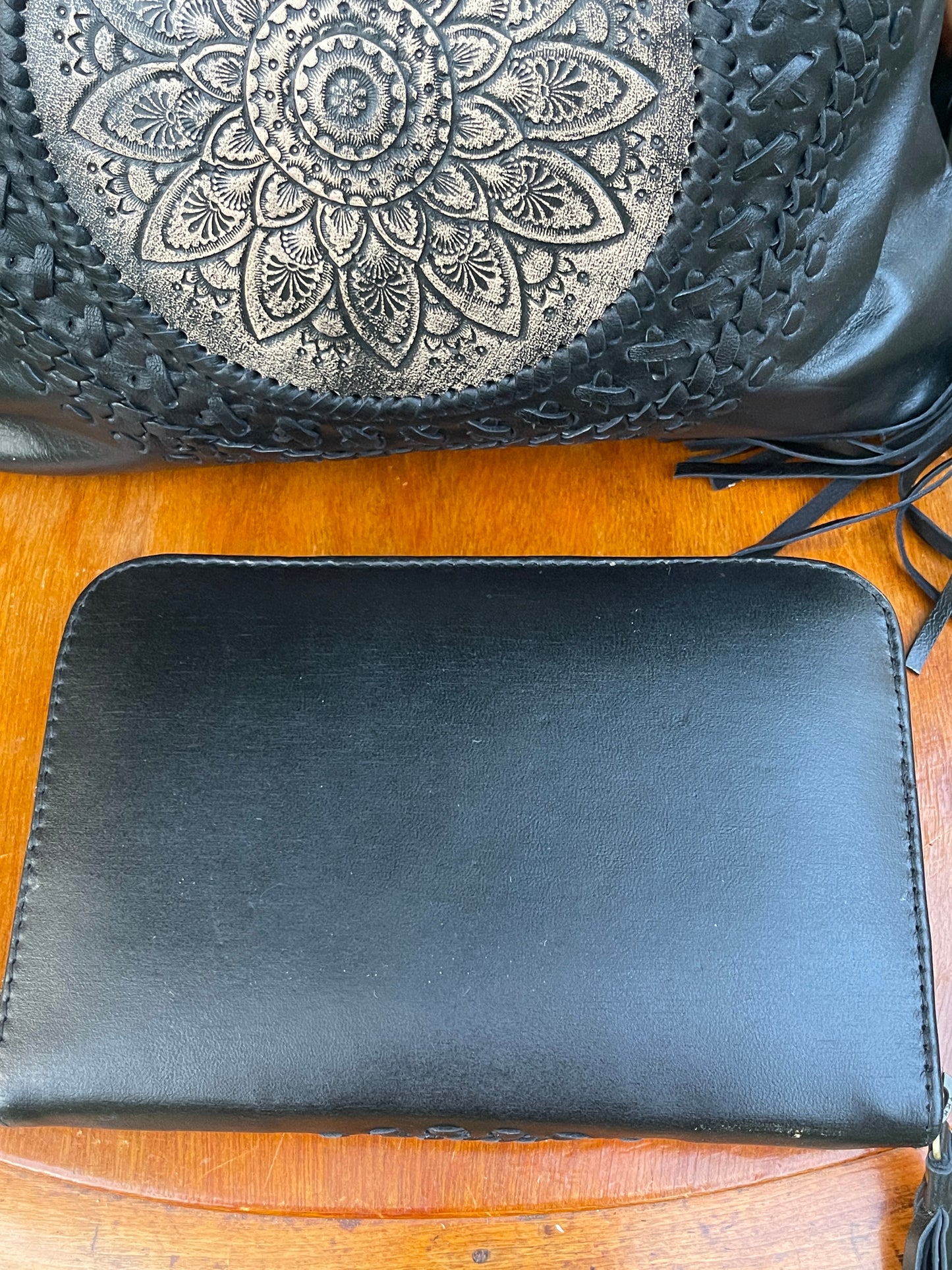 Black Lotus Mandala Leather Clutch Purse / Wallet