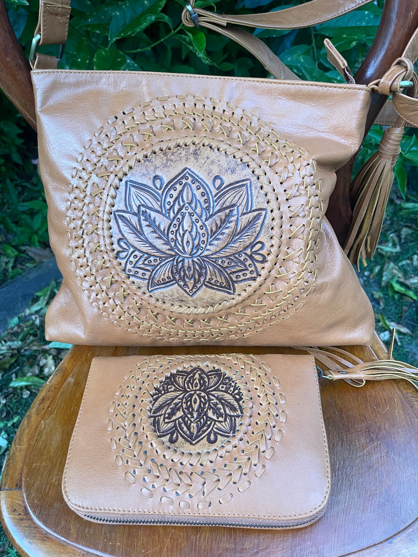 Tan Lotus Mandala Leather Clutch Purse / Wallet