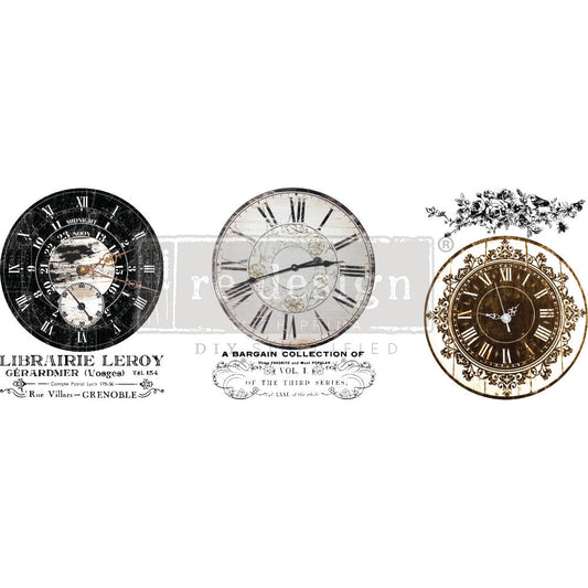 Redesign Middy Transfers –  Vintage Clocks  - 3 sheets, 8.5"x11" (21.59cm x 27.94cm)