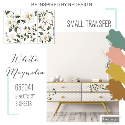 Re-design Small Transfer - White Magnolia - 3 sheets, 6" x 12" (15.24cm x 30.48cm)